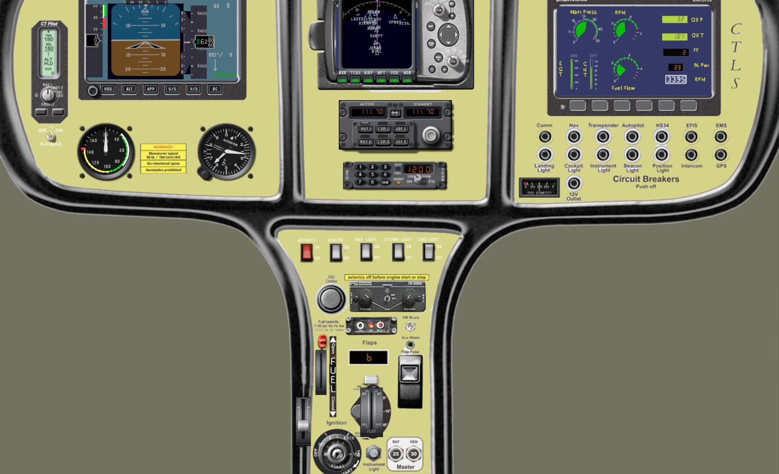 X-Plane - Flight Design_CTLS, panel, lower view